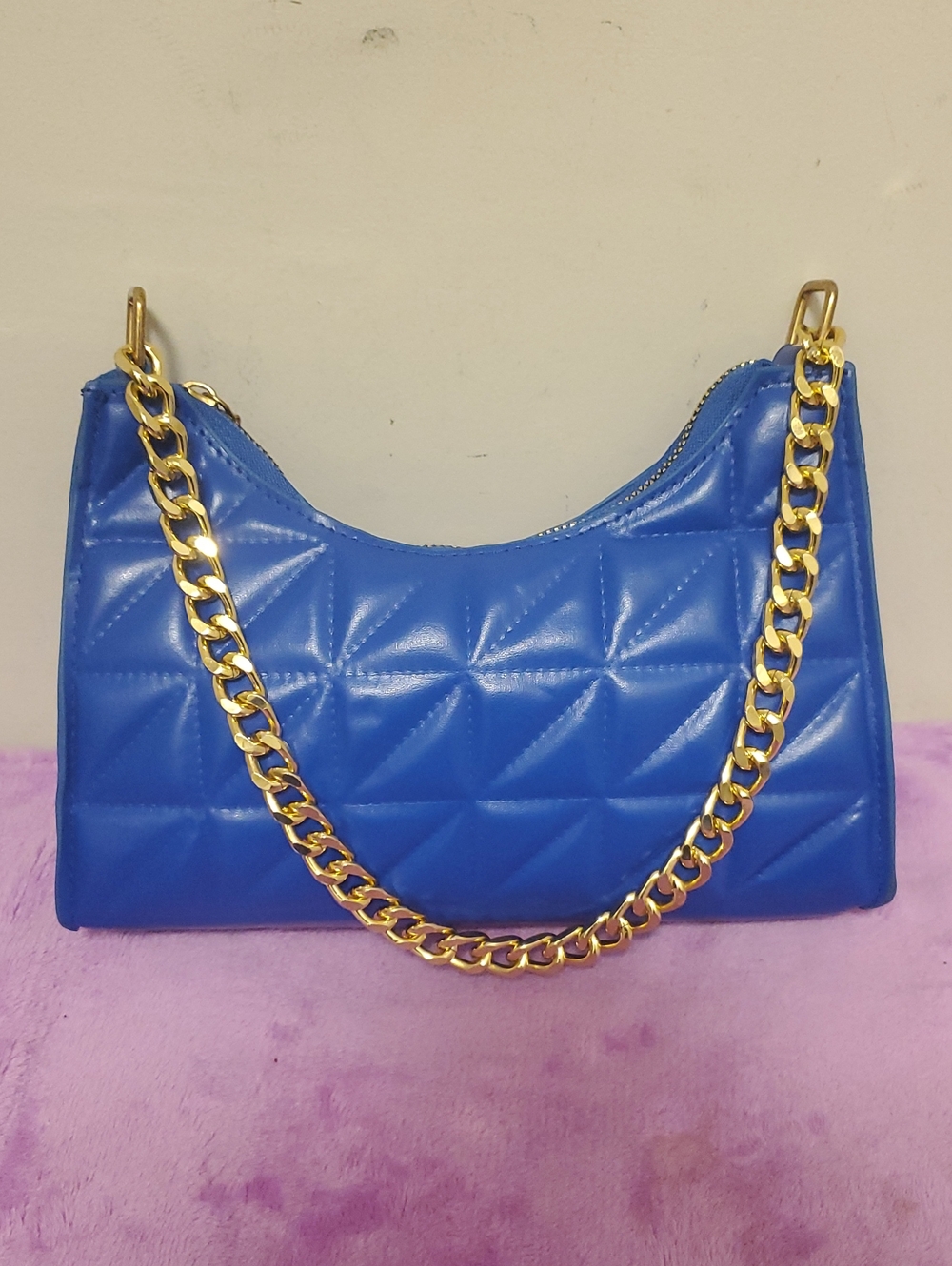 Pretty Angel Quilted Royal Blue Shoulder Bag with Gold Chain